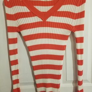Pink Republic orange-and-white striped, stretchable, ribbed sweater; Medium